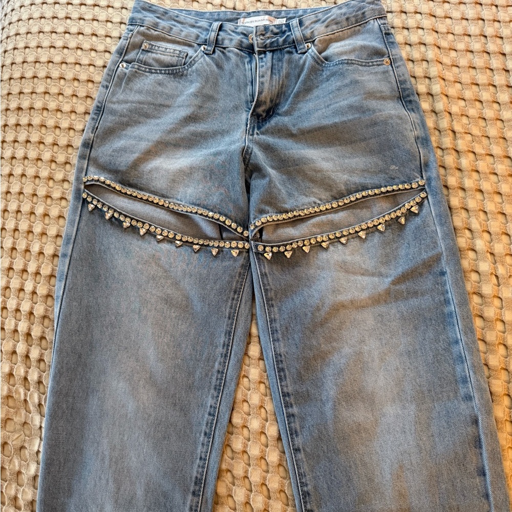Torn by Ronny Kobo Blue Straight-Leg Jeans with Crystal Trim